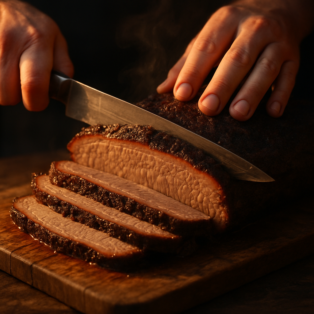 Hands slicing a smoked brisket
