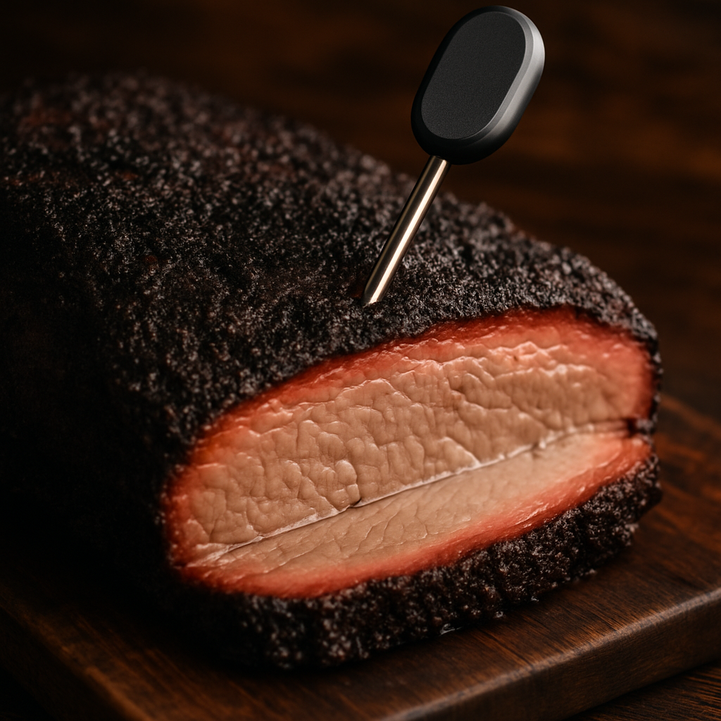 Wireless meat thermometer in smoked brisket